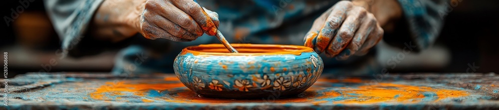 Obraz premium Artisan painting the upper part of a ceramic pottery with bright orange color. Generative AI