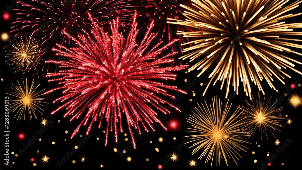 Vibrant red and gold fireworks bursting in the night sky creating a festive atmosphere ideal for holiday celebrations and events. Vibrant red and gold fireworks bursting in the night sky creating a festive atmosphere ideal for holiday celebrations and events.