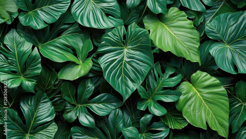 Lush green leaf pattern background showcasing diverse tropical foliage and vibrant botanical textures for nature-themed designs. Lush green leaf pattern background showcasing diverse tropical foliage and vibrant botanical textures for nature-themed designs.