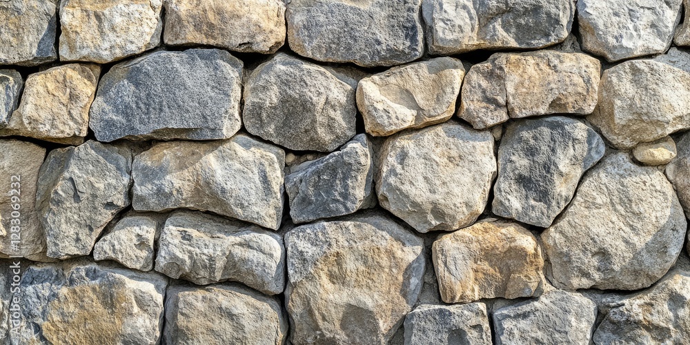 Natural stone wall texture featuring a mix of gray and beige stones arranged in a staggered pattern with rugged surfaces and edges. Natural stone wall texture featuring a mix of gray and beige stones arranged in a staggered pattern with rugged surfaces and edges.