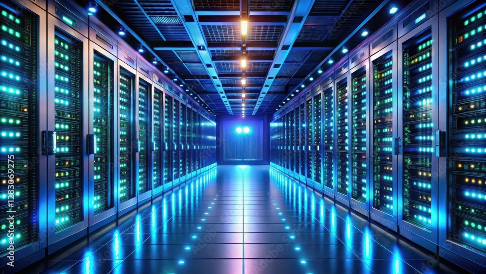 Server room with rows of glowing LED lights on server racks, futuristic architecture Server room with rows of glowing LED lights on server racks, futuristic architecture