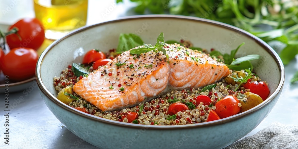 Healthy quinoa salad bowl featuring grilled salmon and cherry tomatoes garnished with basil, warm tones and green accents for a balanced meal option Healthy quinoa salad bowl featuring grilled salmon and cherry tomatoes garnished with basil, warm tones and green accents for a balanced meal option