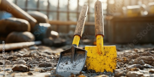 Construction tools including a small shovel and spade with wooden handles placed on gravel ground under warm sunlight in a construction site setting photo