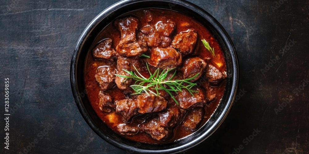 Gourmet venison goulash in a black bowl garnished with fresh herbs against a dark textured background capturing a rich and savory presentation Gourmet venison goulash in a black bowl garnished with fresh herbs against a dark textured background capturing a rich and savory presentation
