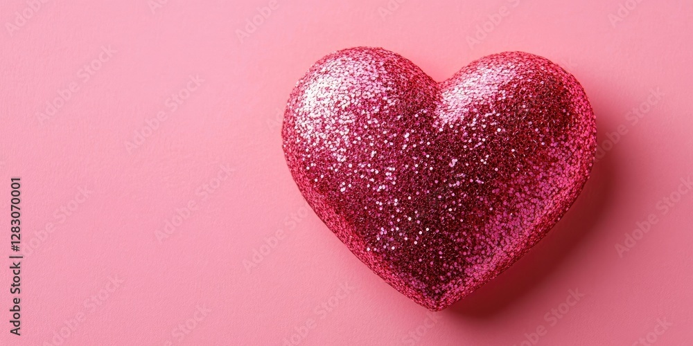 Obraz premium Vibrant pink glitter heart design on soft pink background showcasing a shiny texture perfect for creative projects and romantic themes