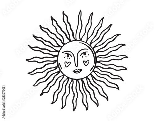 Sun face doodle element. Mystical cartoon whimsical boho style sun, sunshine space cosmic line icon.