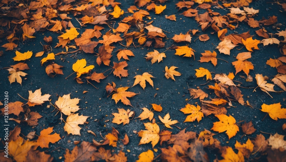 Obraz premium Colorful autumn leaves scattered on dark pavement creating a seasonal landscape scene of nature's beauty and change.