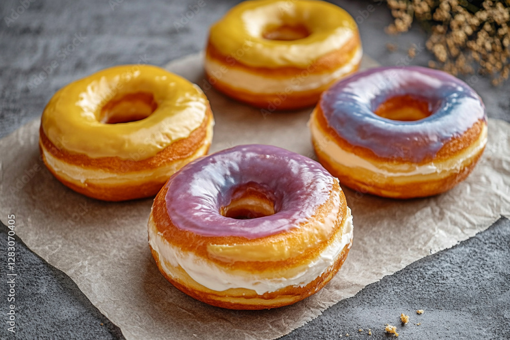 Appetizing donuts with colored glaze and cream filling in a stylish photo composition Appetizing donuts with colored glaze and cream filling in a stylish photo composition