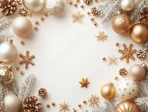Elegant Christmas background for greetings, ads, and festive designs. Golden baubles, snowflakes, stars on cream. Copy space for text. Holiday cheer, warm tones.