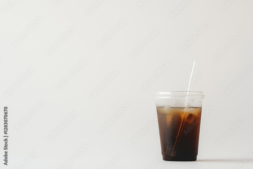 Refreshing Iced Coffee in Transparent Plastic Cup with White Straw – Light Brown, Frothy Beverage with Ice Cubes – Minimalist & Inviting Coffee Drink on a Clean White Background Refreshing Iced Coffee in Transparent Plastic Cup with White Straw – Light Brown, Frothy Beverage with Ice Cubes – Minimalist & Inviting Coffee Drink on a Clean White Background