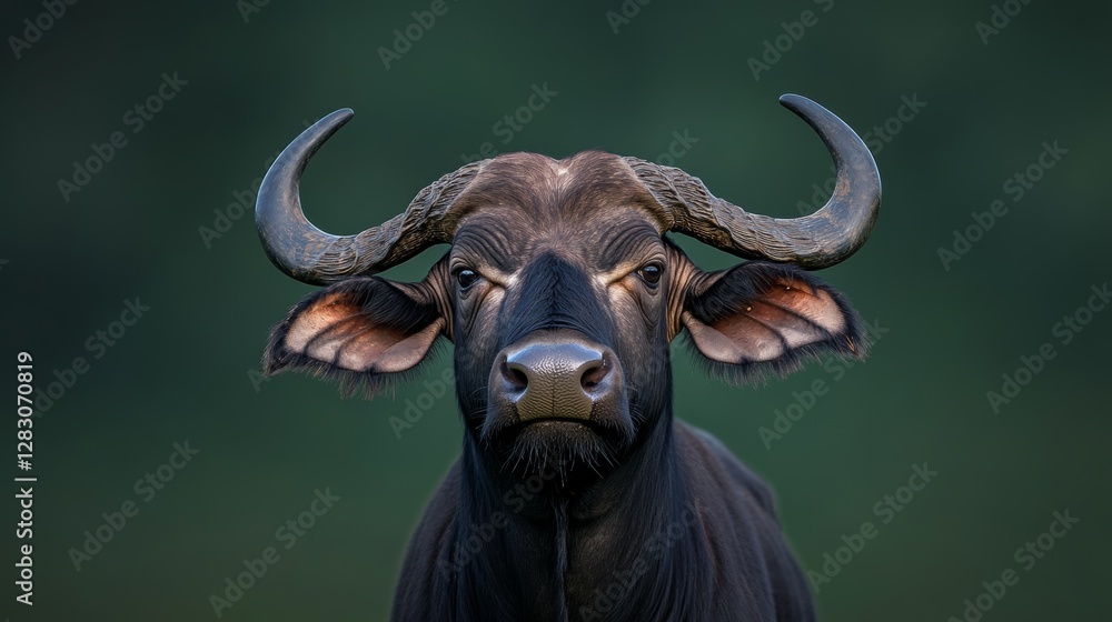 African buffalo (Syncerus caffer) with curved horns, powerful build, detailed facial texture, dark green background African buffalo (Syncerus caffer) with curved horns, powerful build, detailed facial texture, dark green background