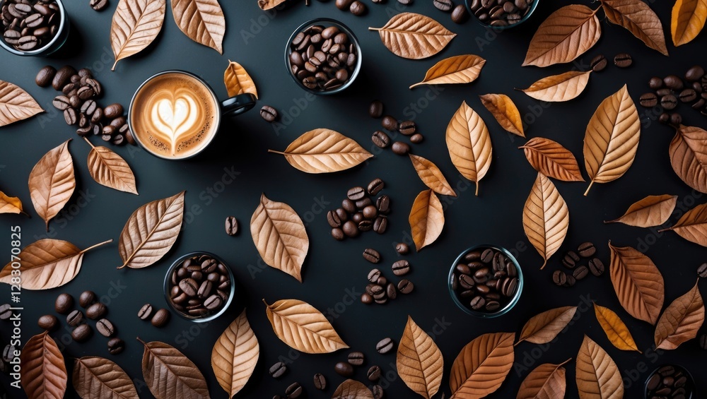 Coffee latte art with leaf patterns surrounded by autumn leaves and coffee beans on a dark table backdrop creating a cozy atmosphere. Coffee latte art with leaf patterns surrounded by autumn leaves and coffee beans on a dark table backdrop creating a cozy atmosphere.