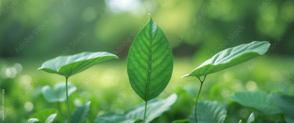 Close up of fresh green leaves with blurred greenery in garden background showcasing nature's beauty and ecological vibrancy in springtime. Close up of fresh green leaves with blurred greenery in garden background showcasing nature's beauty and ecological vibrancy in springtime.