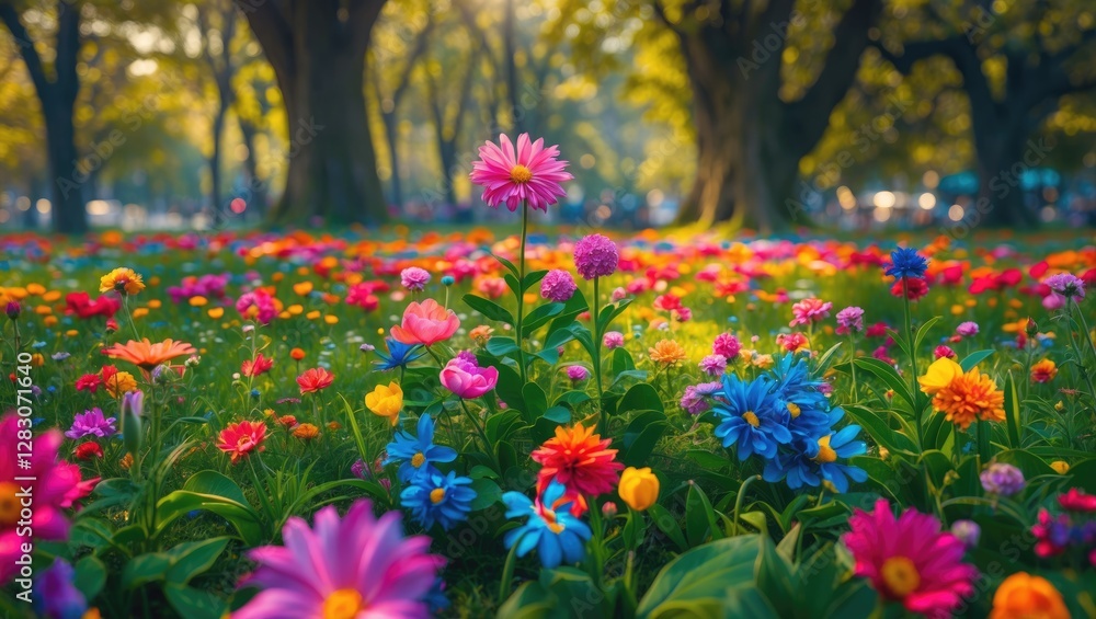 Vibrant flower garden in a sunny park showcasing a diverse array of colorful blooms beneath lush green trees. Vibrant flower garden in a sunny park showcasing a diverse array of colorful blooms beneath lush green trees.