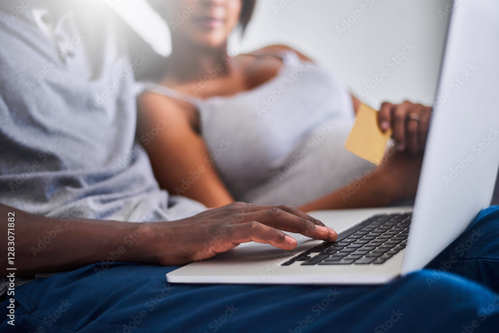 Hands, house and couple with credit card, laptop and online shopping with ecommerce. Closeup, people and man with woman, pc or banking for investment, payment or transaction with purchase or internet Hands, house and couple with credit card, laptop and online shopping with ecommerce. Closeup, people and man with woman, pc or banking for investment, payment or transaction with purchase or internet