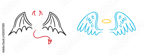 angel and demon wings doodle hand drawn icon set. Outline drawing line clipart symbol collection. good and evil concept