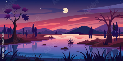 Wetlands landscape at dusk with reflections in calm water and silhouetted trees