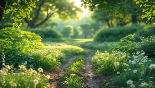 Wallpaper Mural Serene green summer landscape with lush foliage and blooming wildflowers creating a tranquil natural pathway through the vibrant scenery. Torontodigital.ca