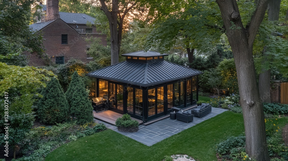 Acrylic-roofed pavilion in a lush backyard, creating a perfect relaxation spot Acrylic-roofed pavilion in a lush backyard, creating a perfect relaxation spot