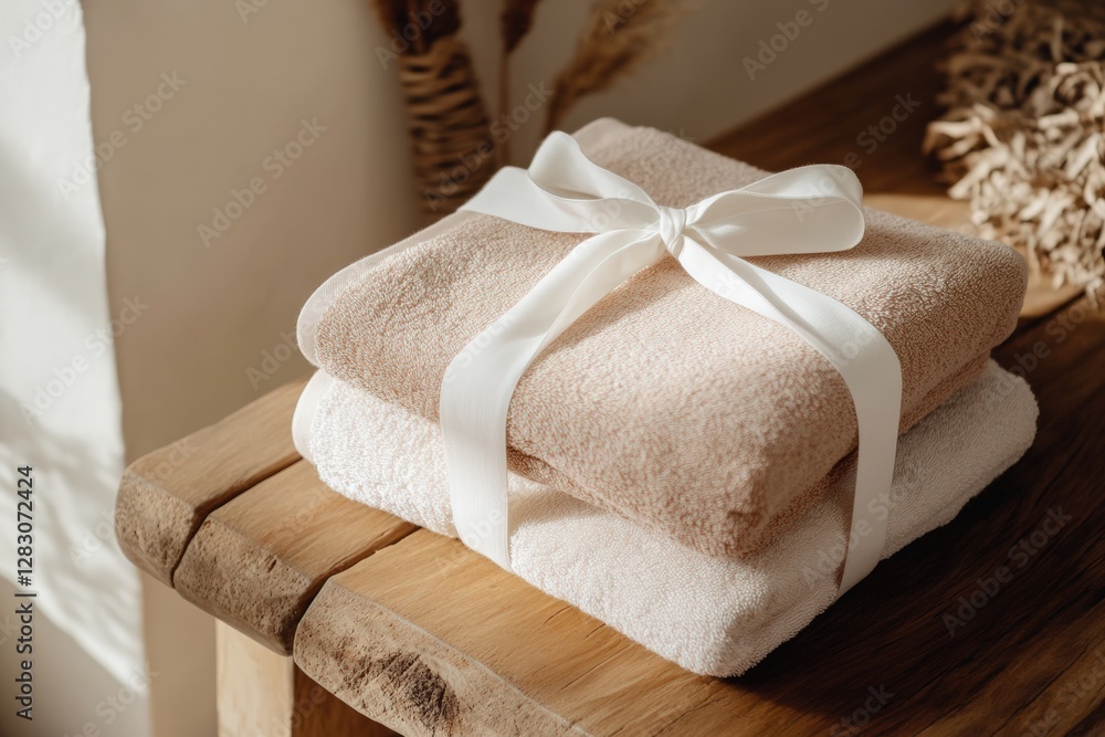 Soft, luxurious towels neatly stacked on a wooden table with a delicate ribbon, perfect for spa or home use, showcasing a cozy and inviting atmosphere, relaxation concept Soft, luxurious towels neatly stacked on a wooden table with a delicate ribbon, perfect for spa or home use, showcasing a cozy and inviting atmosphere, relaxation concept