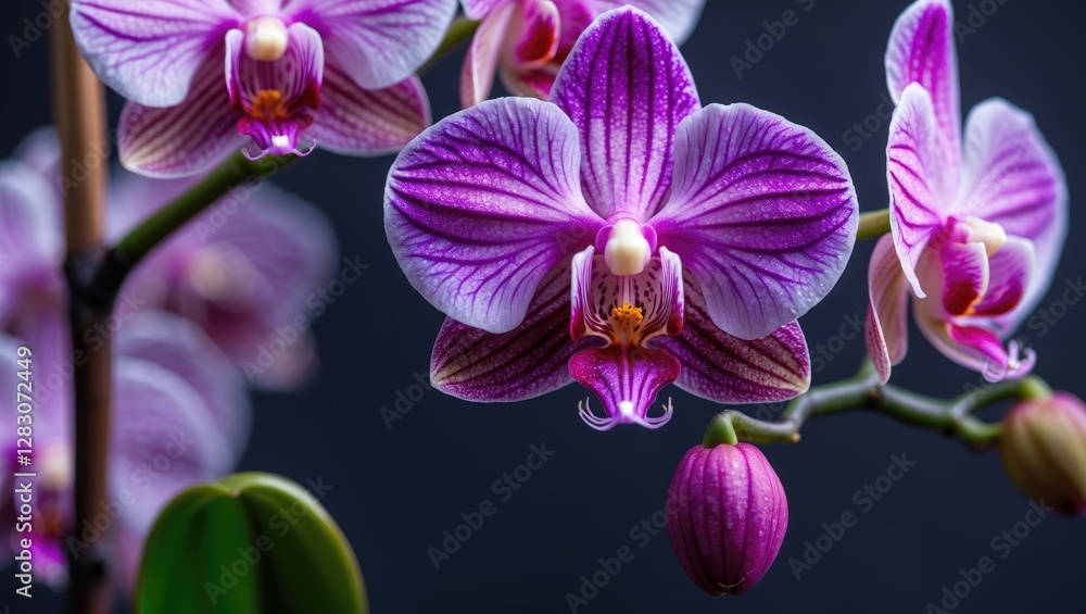 Fototapeta premium Close up view of vibrant pink and purple orchid flowers showcasing intricate textures and colors on a dark background.