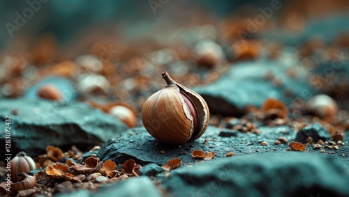 Close up view of a single chestnut in its shell resting on rocky terrain surrounded by scattered nut shells and autumn leaves. photo