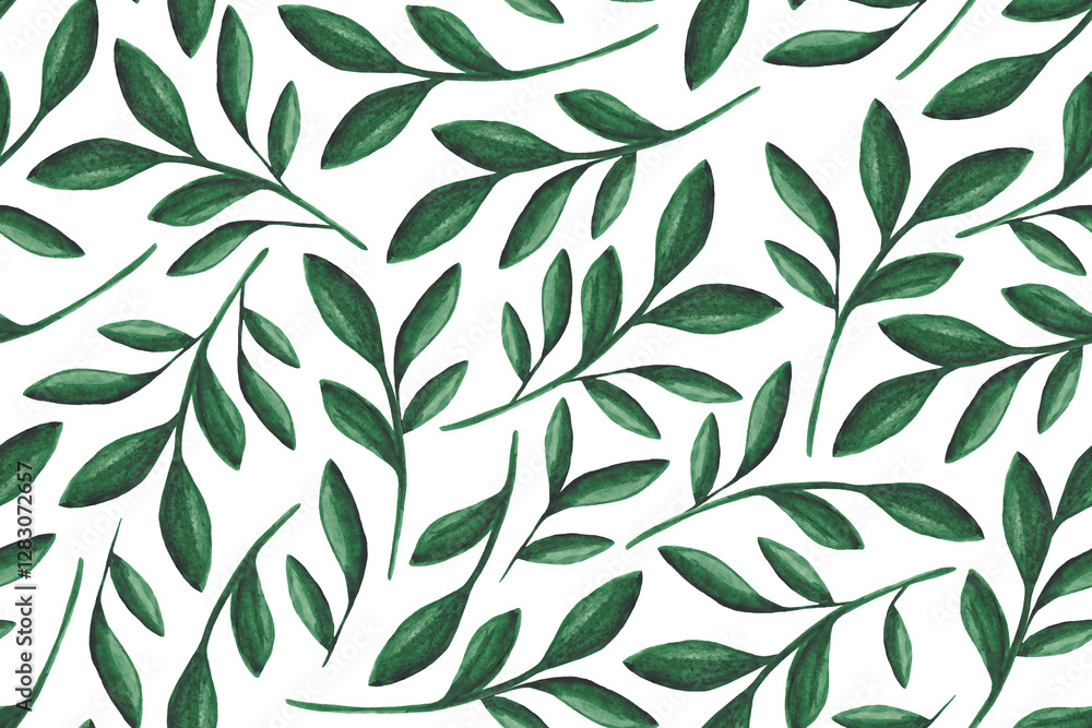 Seamless pattern of green watercolor plants on a white background. Spring nature watercolor background