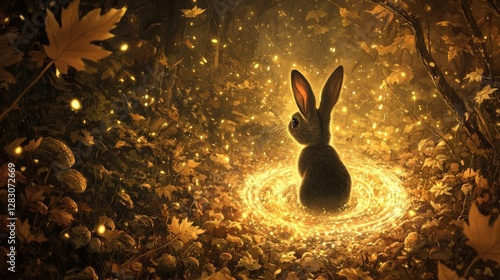 A single curious rabbit peering into a mysterious glowing mushroom ring in the heart of the autumn forest, surrounded by swirling golden leaves and  photo