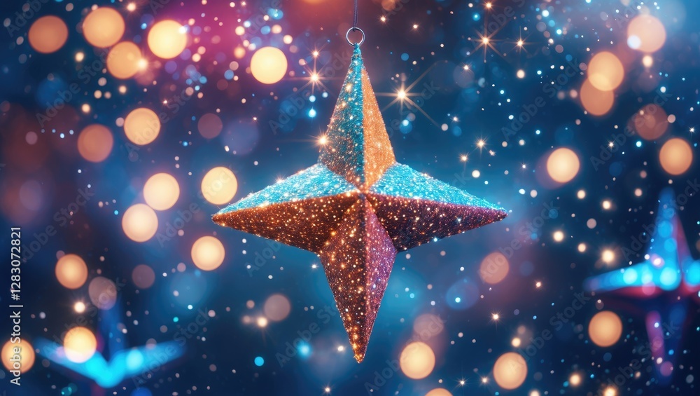 Colorful sparkling star on a dreamy bokeh background creating a festive and magical atmosphere ideal for celebrations and holiday themes. Colorful sparkling star on a dreamy bokeh background creating a festive and magical atmosphere ideal for celebrations and holiday themes.