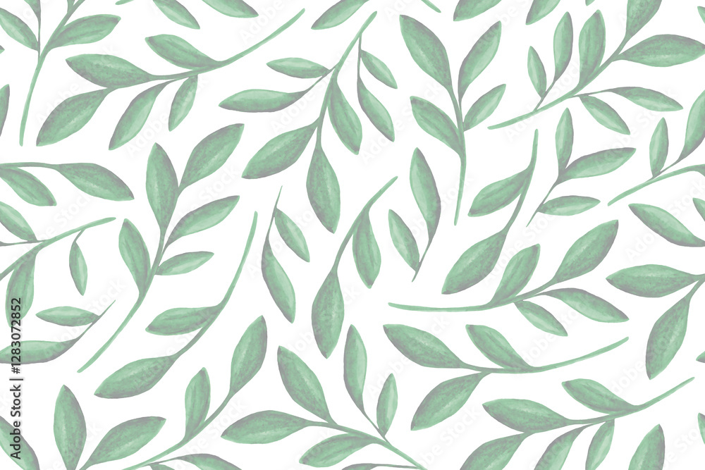 Fototapeta premium Seamless pattern of green watercolor plants on a white background. Spring nature watercolor background