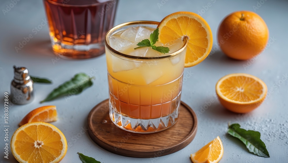 Refreshing Citrus Cocktail with Liqueur and Ice Mint Garnish Surrounded by Fresh Oranges and Slices in a Trendy Bar Setting Refreshing Citrus Cocktail with Liqueur and Ice Mint Garnish Surrounded by Fresh Oranges and Slices in a Trendy Bar Setting