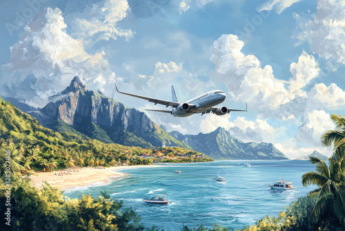 Wallpaper Mural Experience the breathtaking beauty of a commercial airplane soaring over a lush tropical paradise Torontodigital.ca