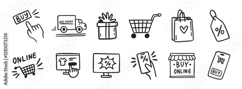 e-commerce online shopping doodle hand drawn icon set. Outline drawing e-commerce online shopping line clipart symbol collection