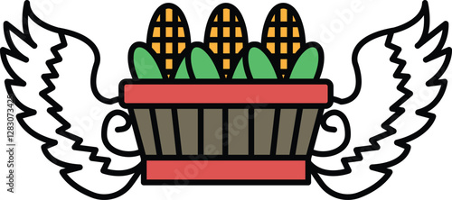 A drawing of three corn cobs and a basket of green vegetables