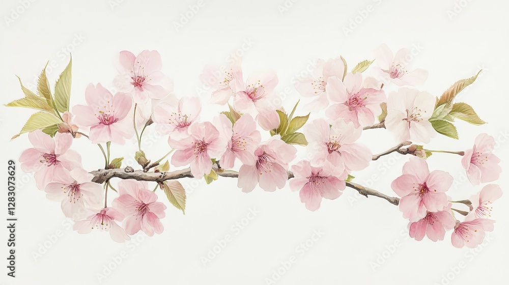 A delicate arrangement of pink cherry blossoms on a branch against a light background. A delicate arrangement of pink cherry blossoms on a branch against a light background.