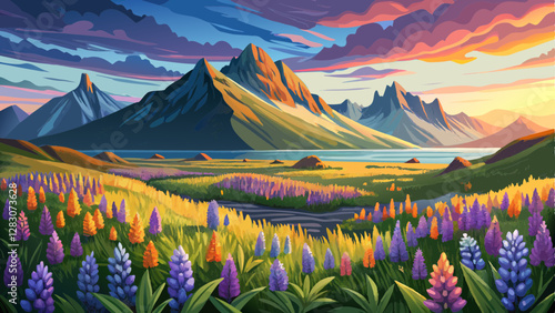 Gorgeous landscape with blooming lupine flowers field near famous Stokksnes mountains on Vestrahorn cape, Iceland