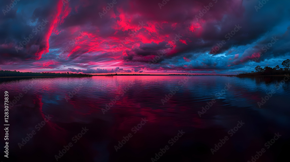 Fototapeta premium Fiery sunset reflecting on calm lake water