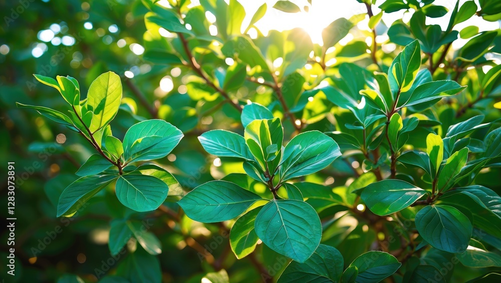 Vibrant green viburnum leaves illuminated by sunlight showcasing nature's beauty and tranquility in a lush garden setting Vibrant green viburnum leaves illuminated by sunlight showcasing nature's beauty and tranquility in a lush garden setting