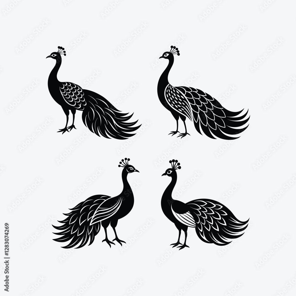 Fototapeta premium Get a premium peafowl silhouette vector bundle with high-resolution, print-ready files. Ideal for t-shirts, stickers, logos, and more. Compatible with all design software.