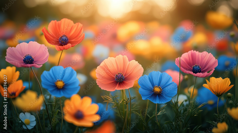 Obraz premium Spring background showcasing a meadow filled with vibrant wildflowers and soft morning light