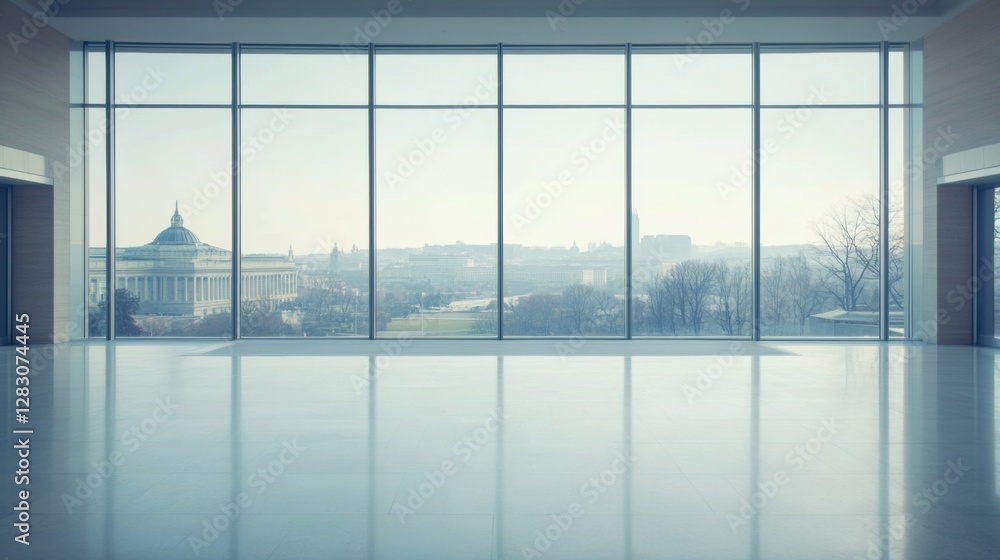 Fototapeta premium A legislative hall with panoramic views through large windows. Featuring openness and transparency