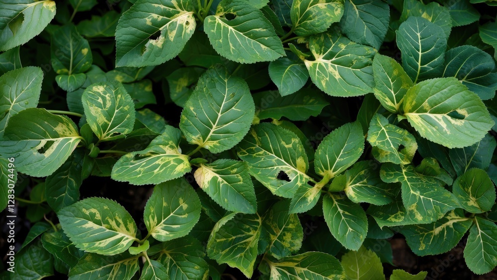 Leaves exhibiting damage from disease with visible holes and discoloration in a lush green environment. Leaves exhibiting damage from disease with visible holes and discoloration in a lush green environment.