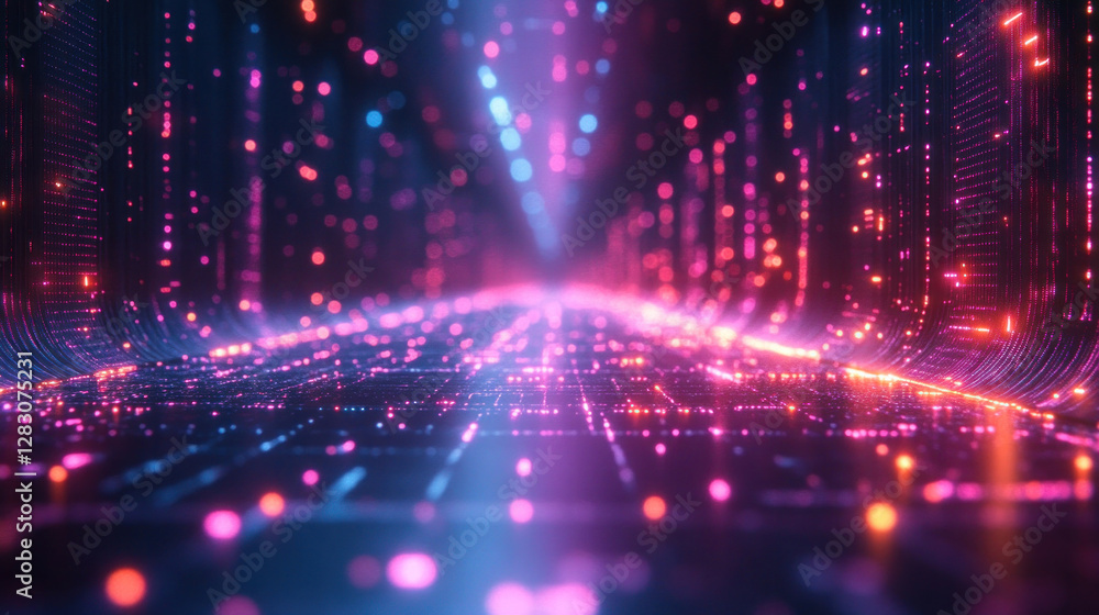 Obraz premium Technology background of a neon grid glowing in futuristic purple and blue tones