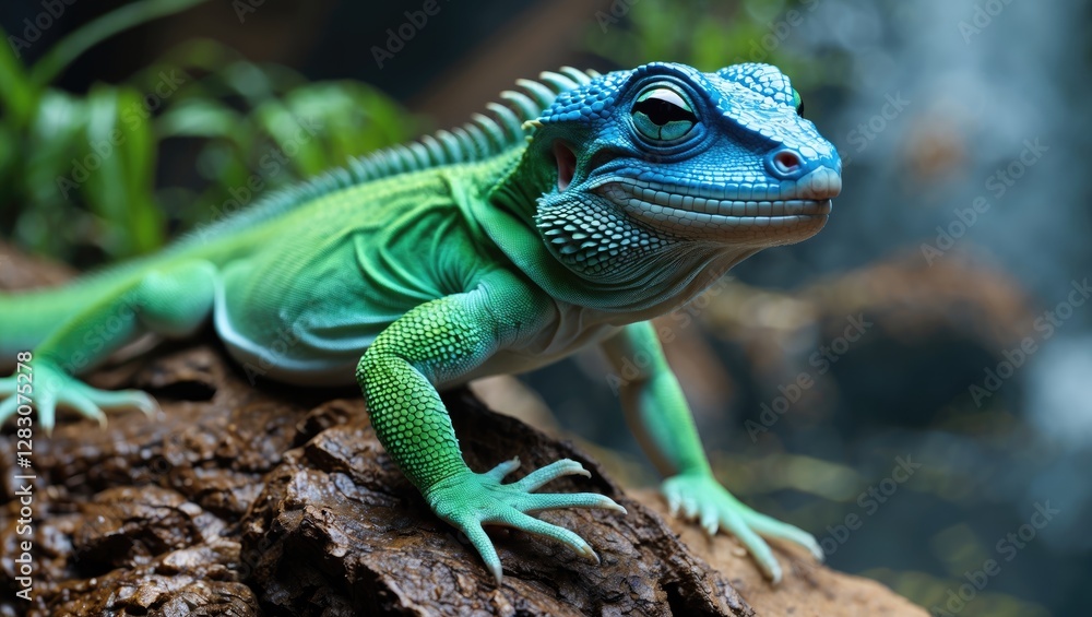 Vibrant green lizard with striking blue head perched on a log surrounded by natural foliage in a serene environment