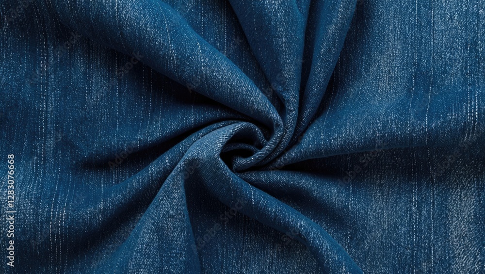 Blue textured fabric close-up with spiral folds highlighting fine details and threads in deep blue color. Blue textured fabric close-up with spiral folds highlighting fine details and threads in deep blue color.