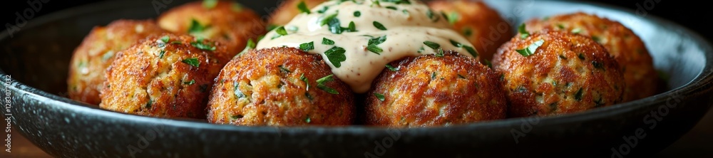 Close-up of crispy falafel balls with creamy tahini sauce. Generative AI Close-up of crispy falafel balls with creamy tahini sauce. Generative AI