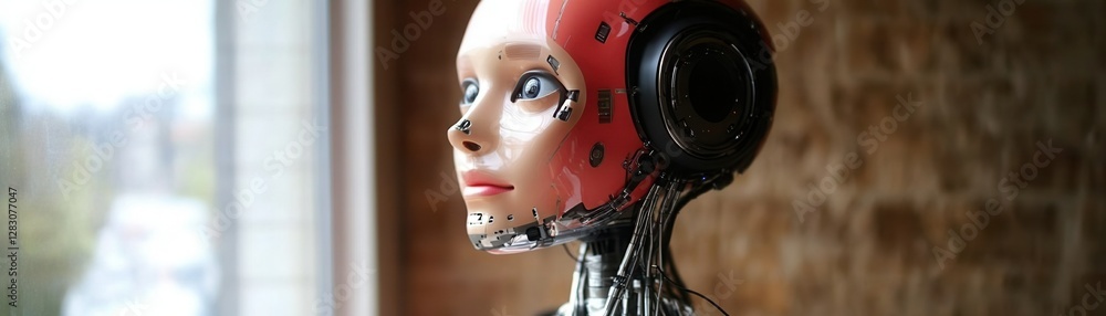 Robot and technology concept, Robot with a human-like face Robot and technology concept, Robot with a human-like face