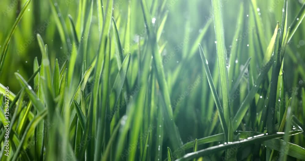 Green grass close-up raindrops slowly falling on the grass. Shot on super slow motion camera Green grass close-up raindrops slowly falling on the grass. Shot on super slow motion camera