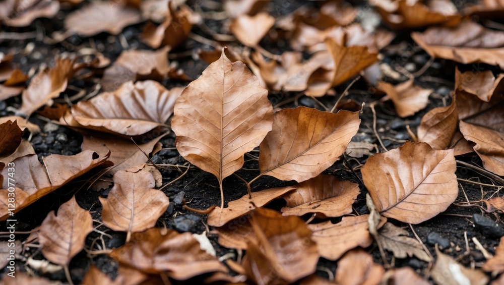 Close-up view of brown dried leaves scattered on the ground showcasing autumn's natural textures and earthy colors. Close-up view of brown dried leaves scattered on the ground showcasing autumn's natural textures and earthy colors.