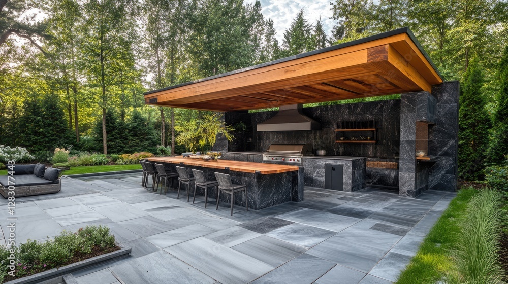 A weather-resistant roof covering a modern outdoor kitchen for protection A weather-resistant roof covering a modern outdoor kitchen for protection